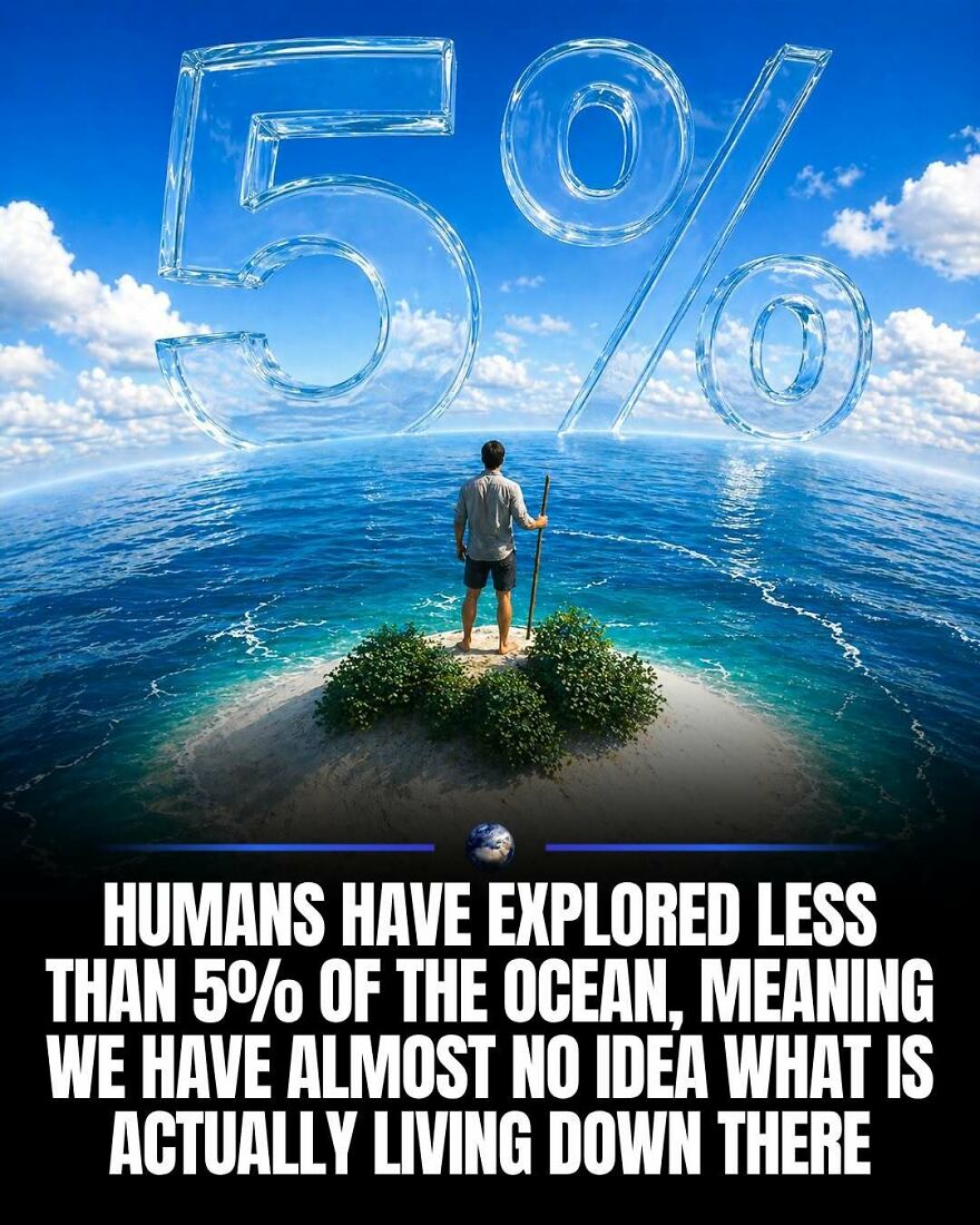 A person standing on a tiny island under a giant 5% symbol, emphasizing humanity's limited exploration of our planet's oceans.