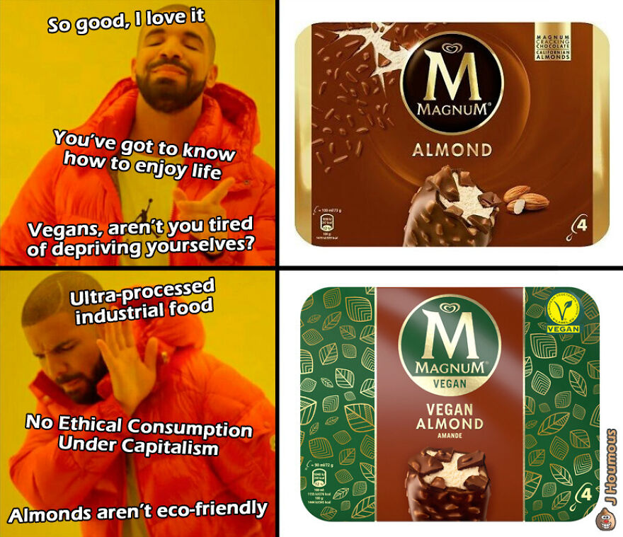 Drake meme comparing regular and vegan Magnum almond ice cream and eco-friendliness