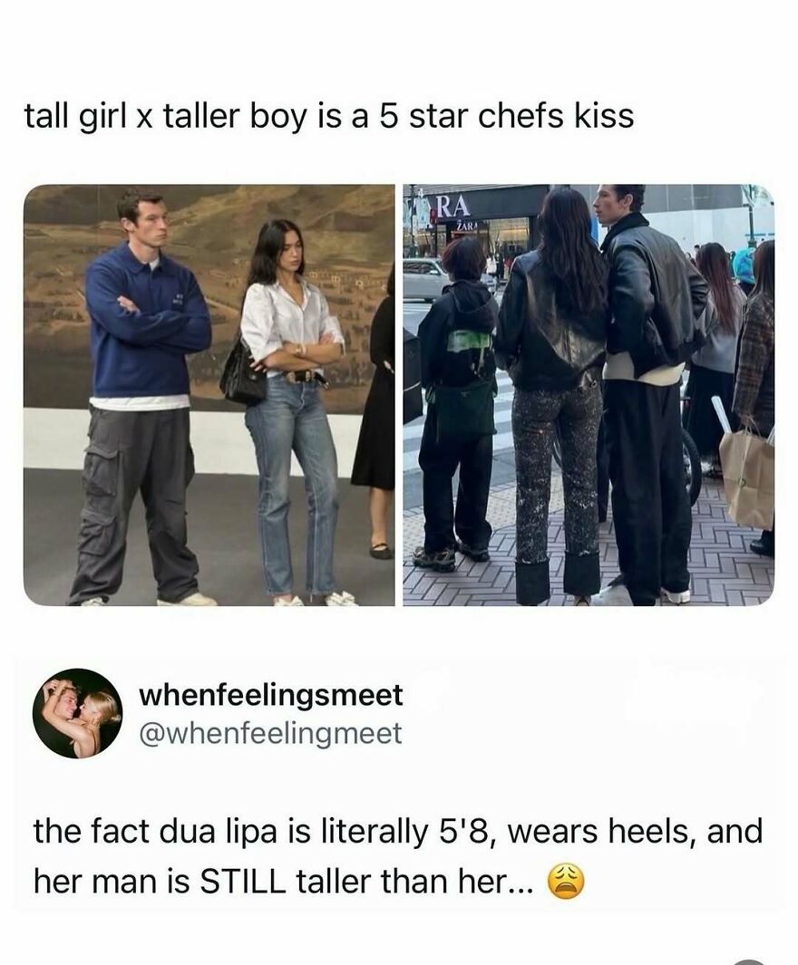 Funny pop culture post about Dua Lipa and her man being taller, sharing good vibes.