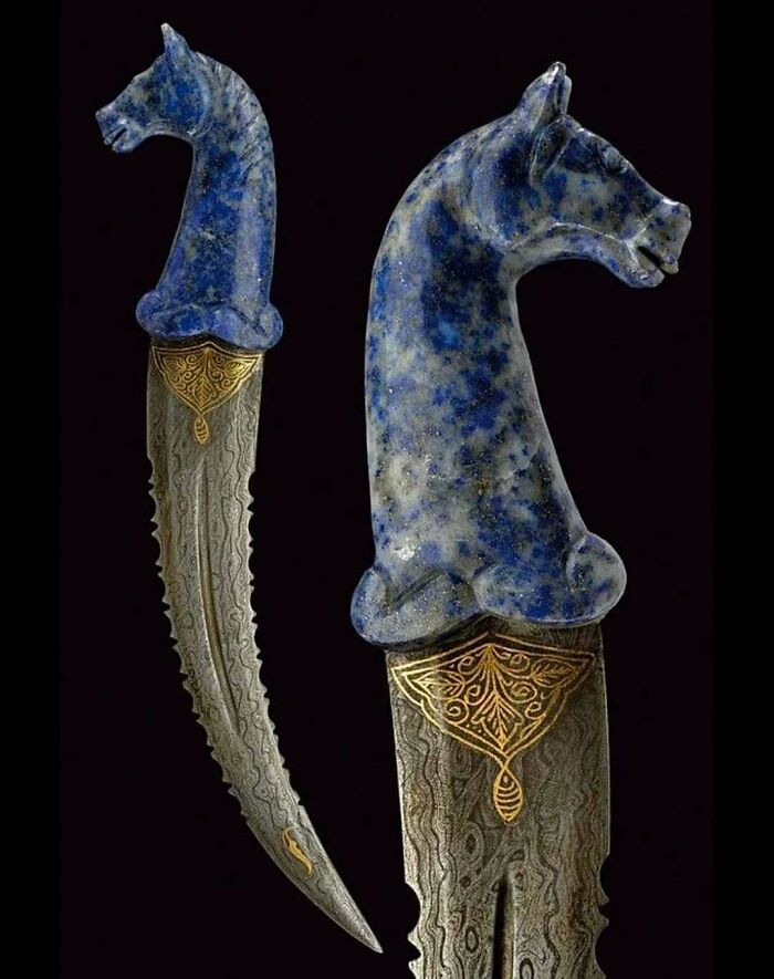 Ancient dagger with horse head handle and ornate metal blade historical treasures