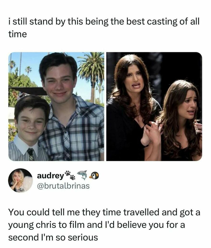 Funny pop culture post showing uncanny resemblance in Glee casting, sharing good vibes.