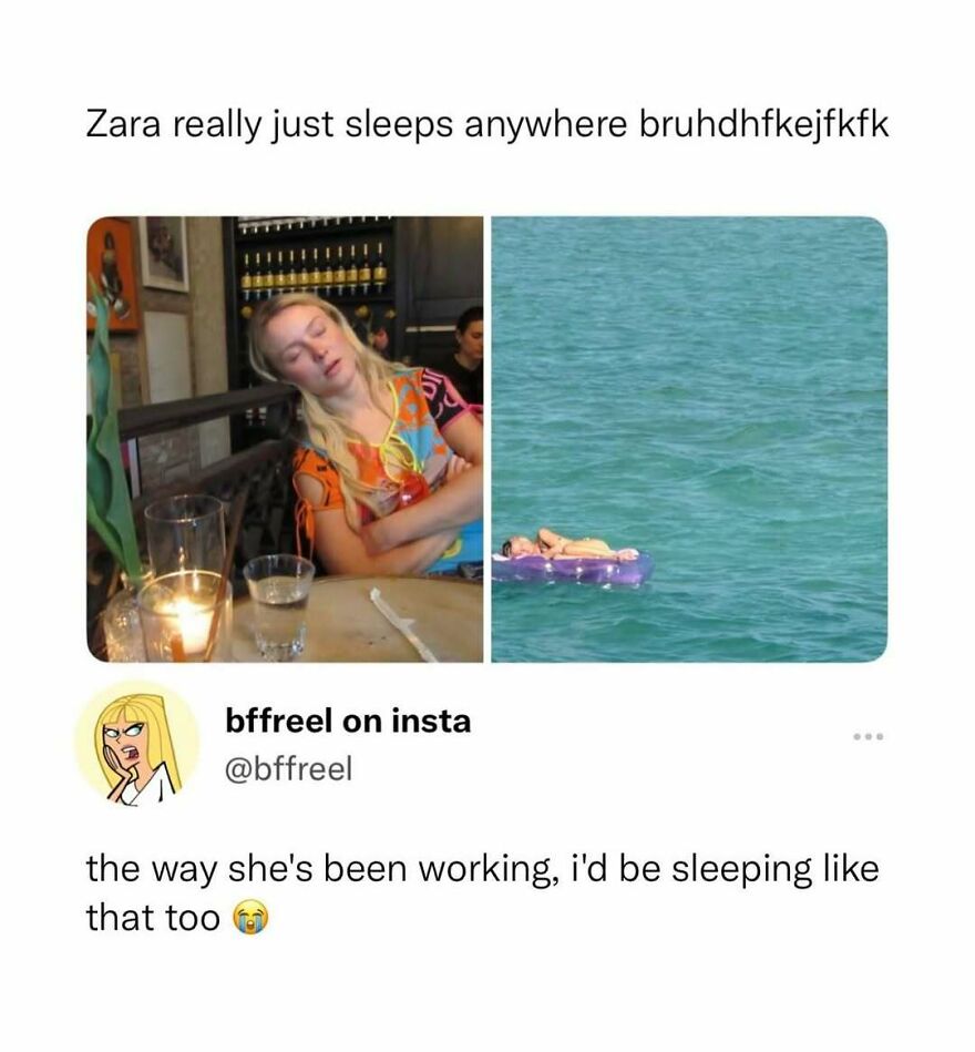A woman sleeping in a restaurant and floating on water, a funny pop culture post for good vibes.