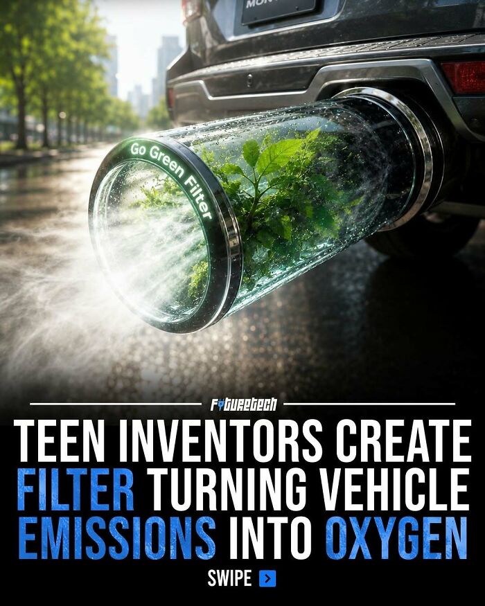 A car exhaust pipe with a green filter emitting clean air, a future technology innovation by teen inventors.