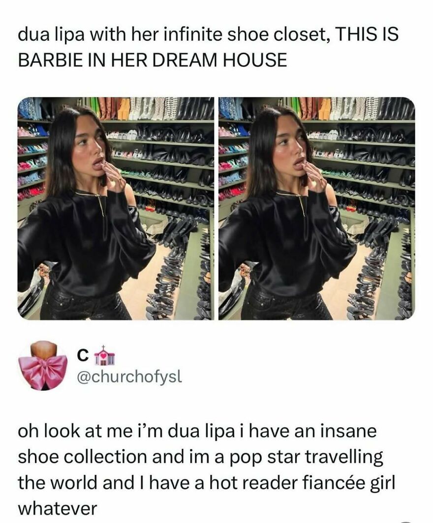 Dua Lipa in a shoe closet, a pop culture post about her dream house for good vibes.