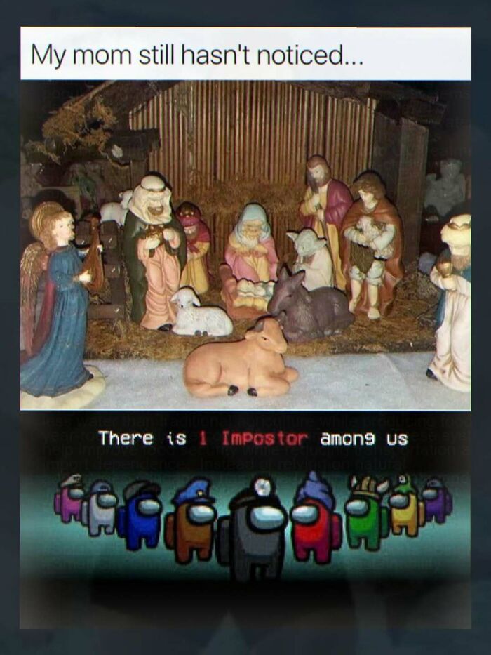 A chaotic pic of a nativity scene with an Among Us character among the figures, showing unhinged pics.
