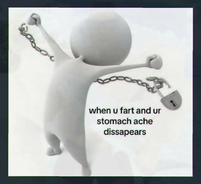 An unhinged pic of a 3D figure with a broken chain, representing relief from a stomach ache after farting, one of many chaotic pics.