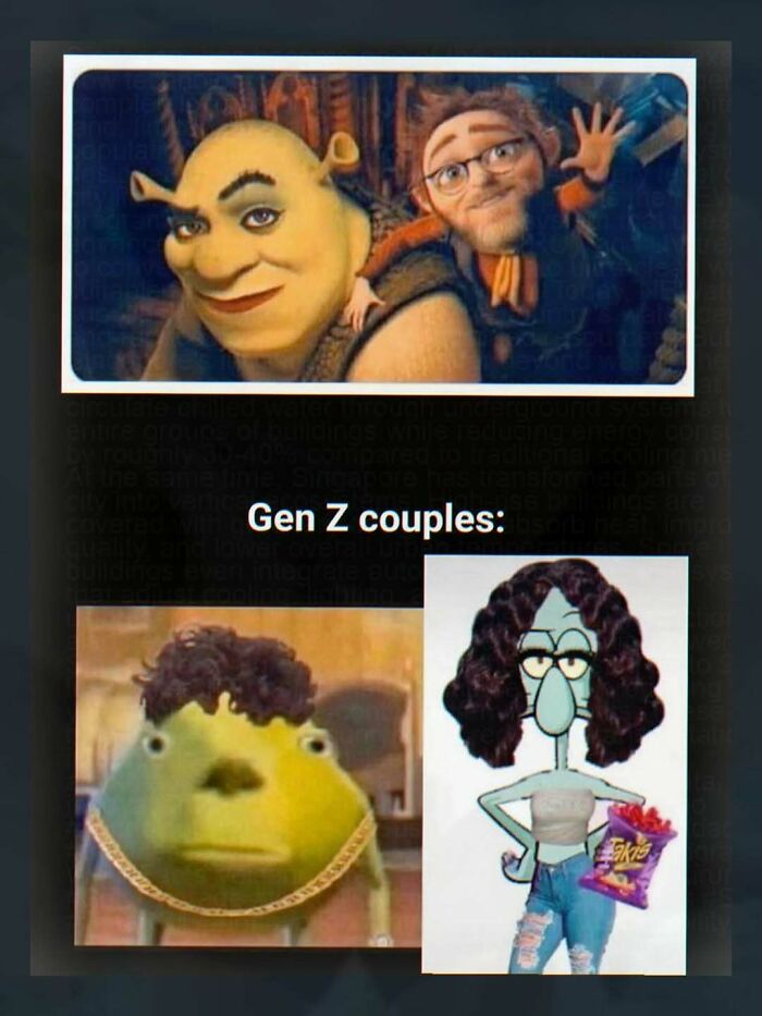 A meme titled Gen Z couples featuring two sets of chaotic and unhinged cartoon character pairings.