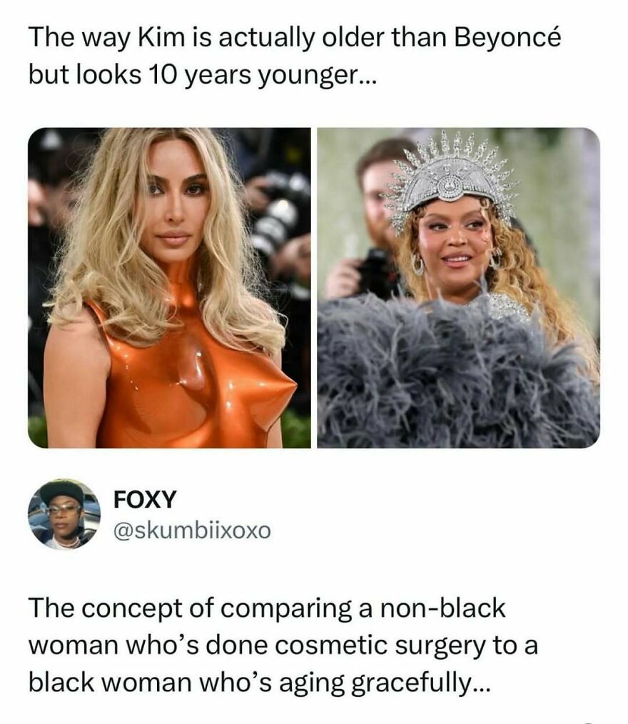 A split image meme featuring Kim Kardashian looking younger than Beyoncé, sparking funny pop culture discussion.