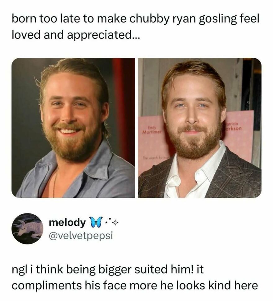 A funny pop culture meme contrasting two images of actor Ryan Gosling with and without a beard.