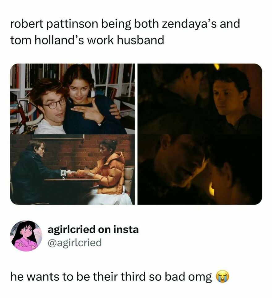 A compilation of funny pop culture images showing Robert Pattinson with Zendaya and Tom Holland, jokingly as a work husband.