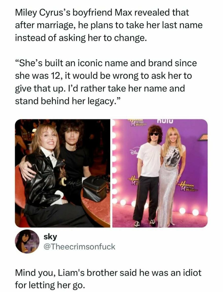 Miley Cyrus and her boyfriend Max Morando at a red carpet event, a funny pop culture post about his plan to take her last name.