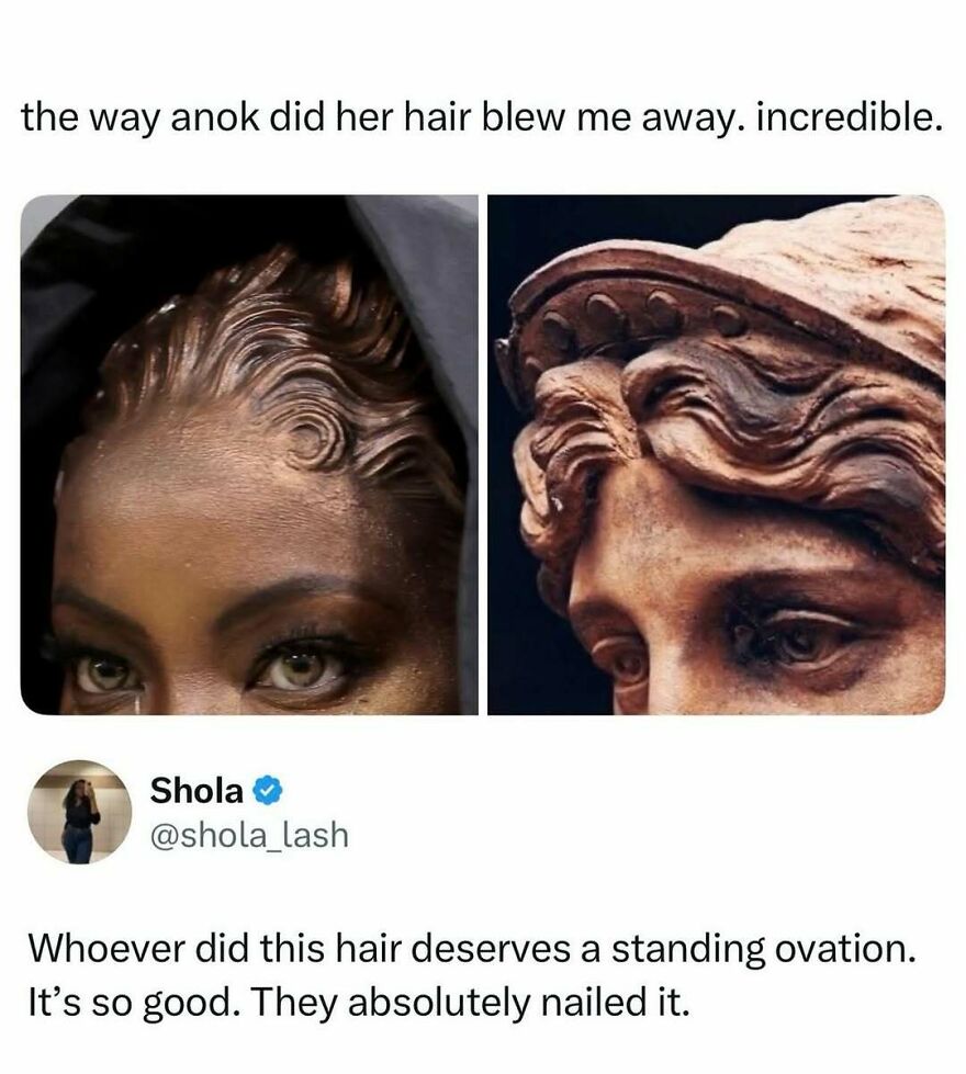 A comparison of Anok Yai's sculpted hair resembling ancient statues, celebrated as incredible and a funny pop culture moment.