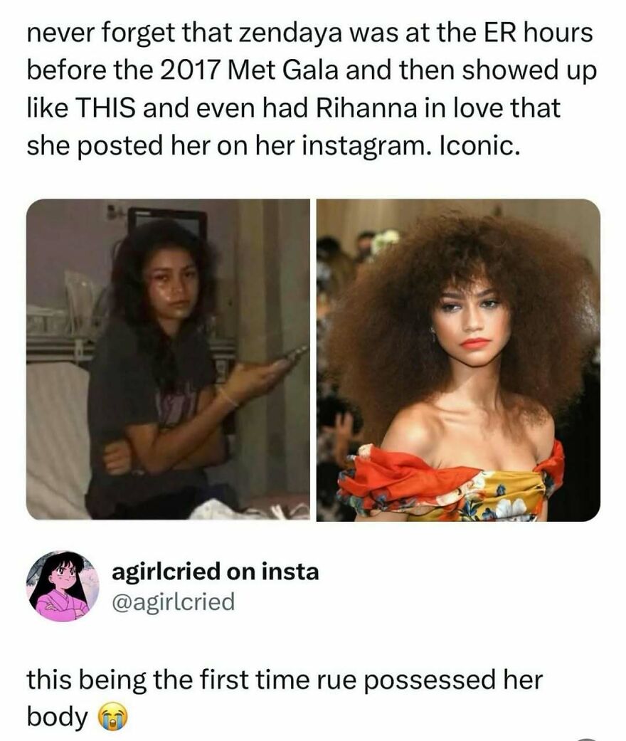 Zendaya at the ER vs. Met Gala, a pop culture post showing her transformation for good vibes.