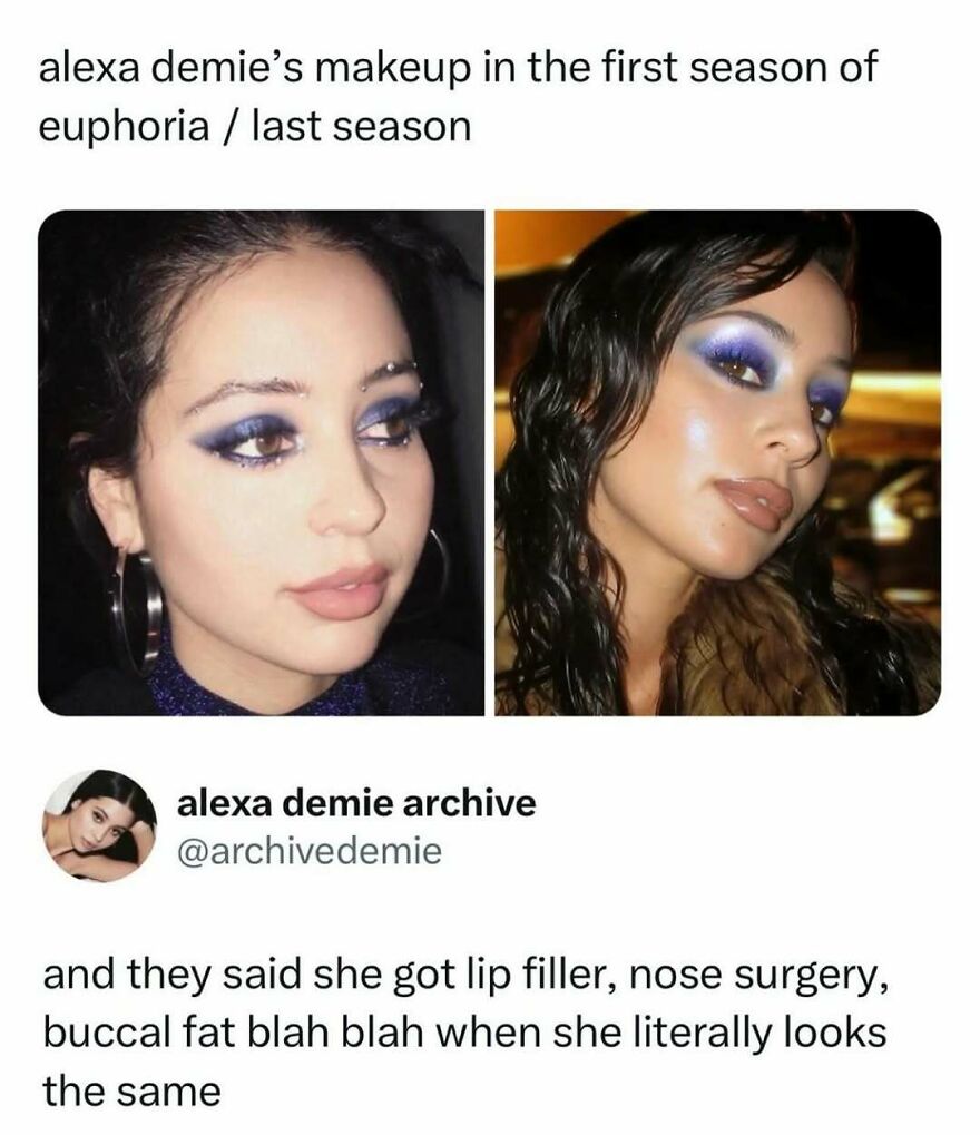 A side-by-side comparison of Alexa Demie's makeup in Euphoria, with discussion about her appearance, a funny pop culture post.