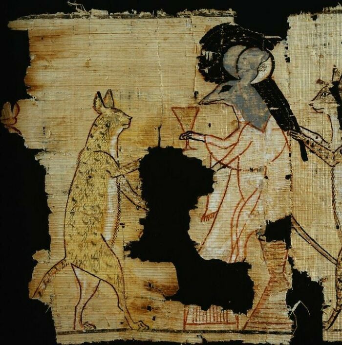 Ancient Egyptian papyrus showing anthropomorphic animal and deity artwork