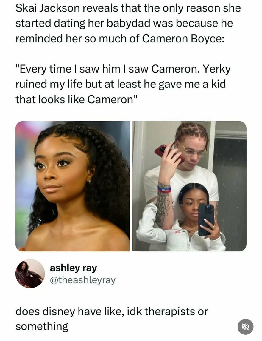A split image of Skai Jackson and a couple, captioned about her dating choice, generating funny pop culture reactions.