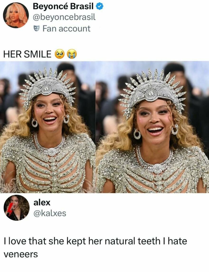 A split image of Beyonce smiling in an ornate silver gown, showcasing her natural teeth, a funny pop culture post.