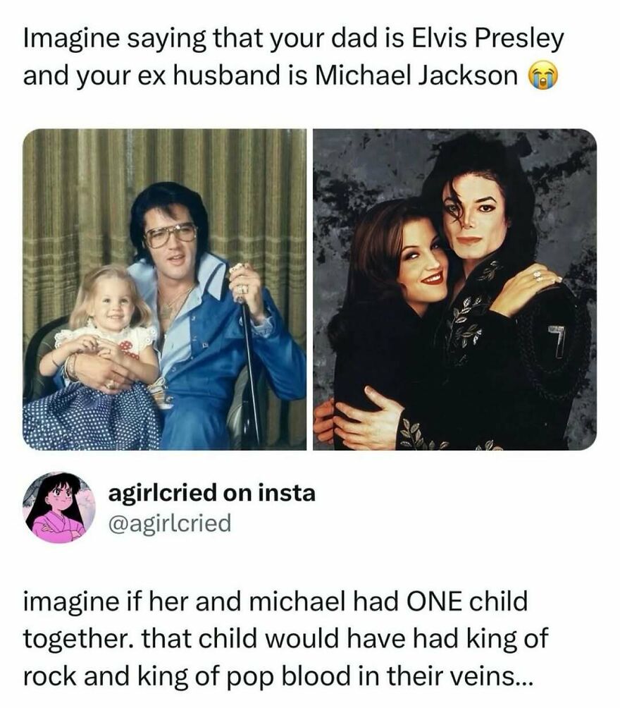 A split image of Elvis Presley holding a child and Michael Jackson with Lisa Marie Presley, a funny pop culture post about music royalty.