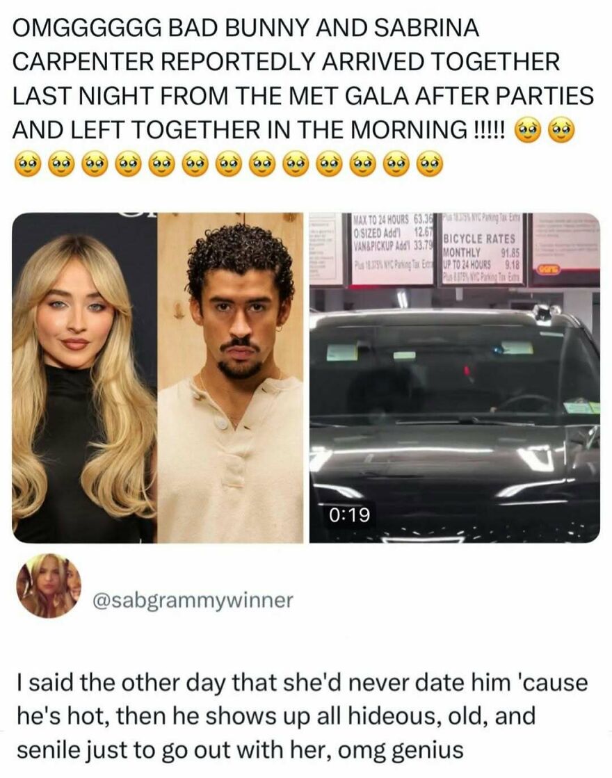 A split image showing Sabrina Carpenter, Bad Bunny, and a car arriving, a funny pop culture post about celebrity sightings.