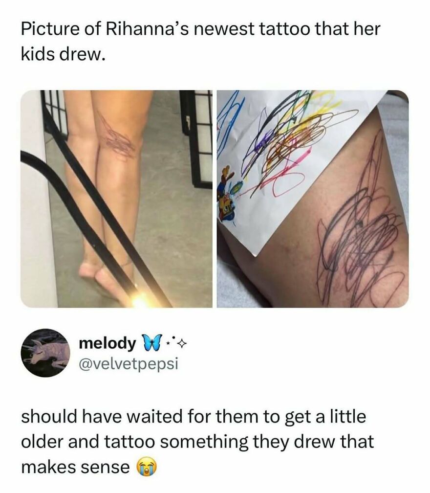 A pop culture post showcasing Rihanna's funny new tattoo drawn by her kids, spreading good vibes.