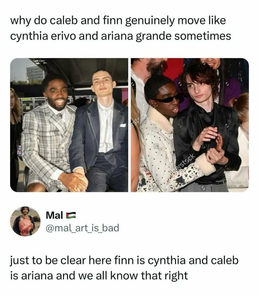 A pop culture post comparing Caleb and Finn to Cynthia Erivo and Ariana Grande, for instant good vibes.