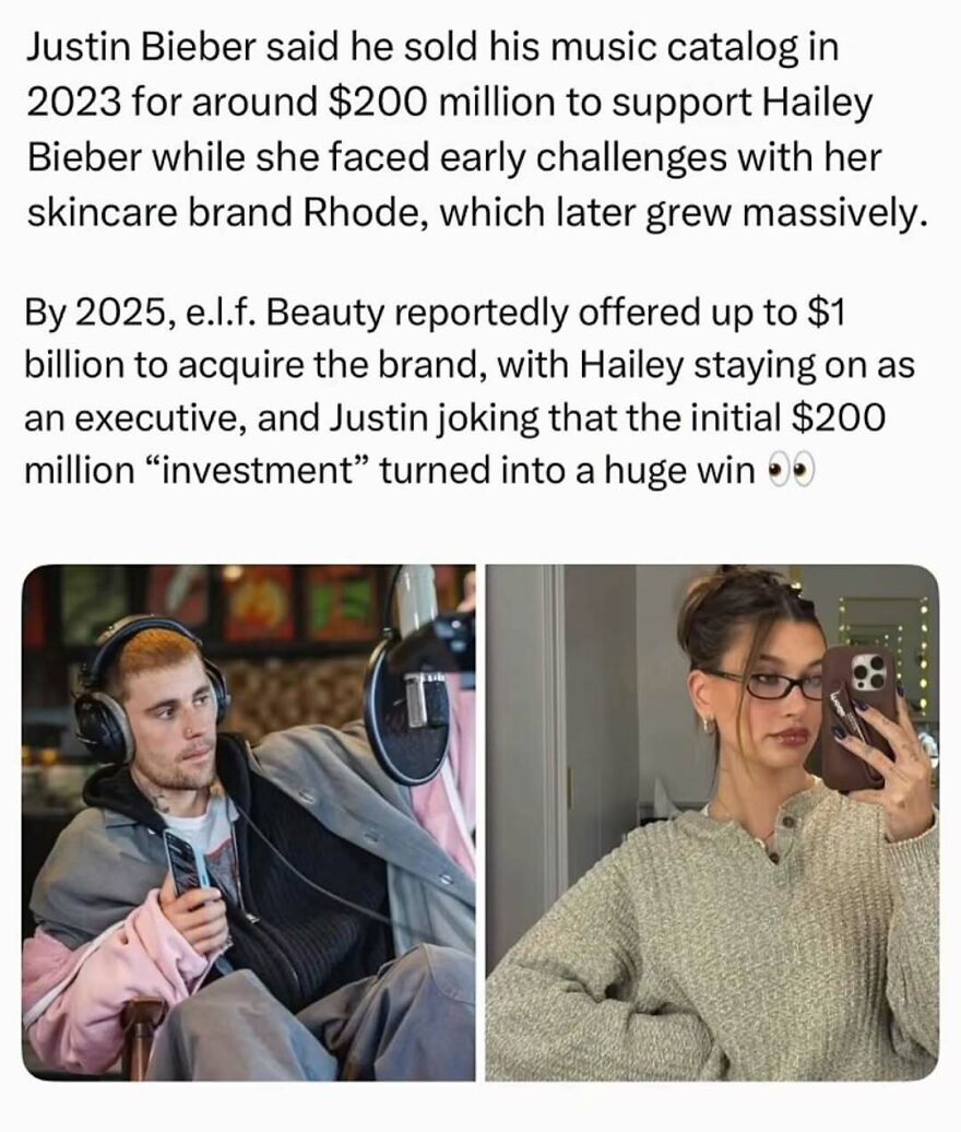 A split image of Justin Bieber in a recording studio and Hailey Bieber taking a mirror selfie, representing pop culture posts.