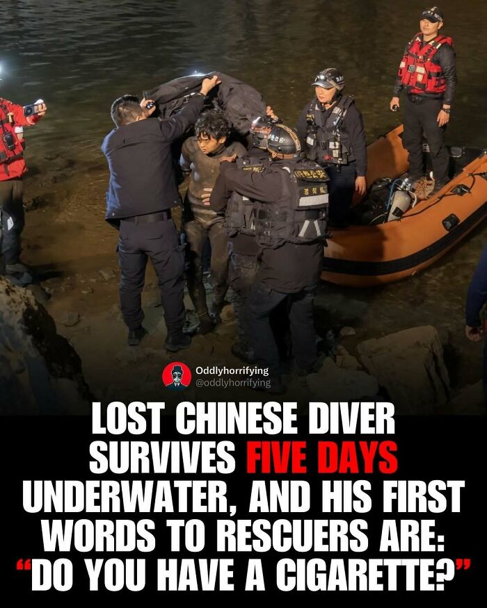 A dark and depressing story image of a lost Chinese diver, rescued after five days underwater, asking for a cigarette.