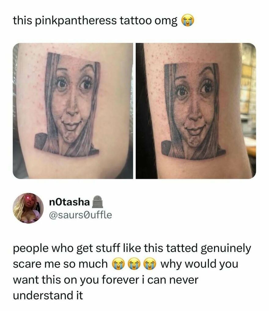 Two close-up images of an unsettling face tattoo, a funny pop culture post sparking discussion about strange body art.