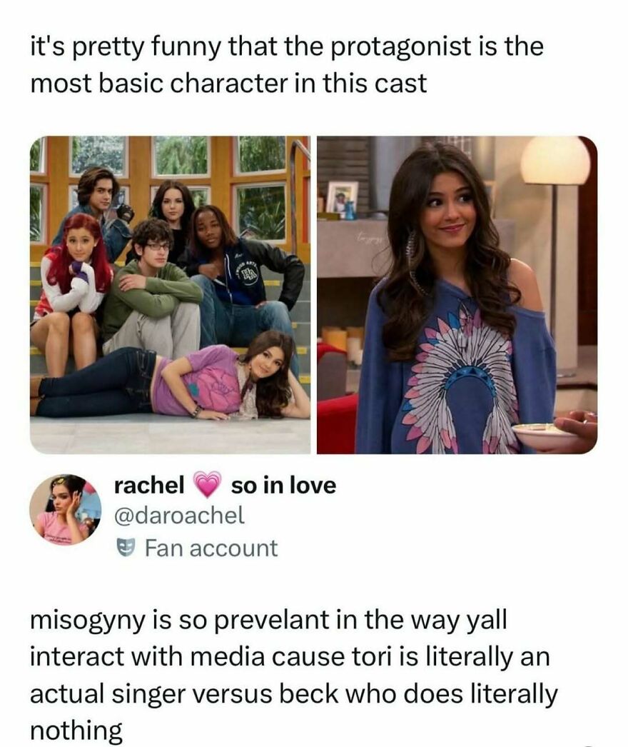 A split image with a group of actors and a solo shot of Victoria Justice, from funny pop culture posts.