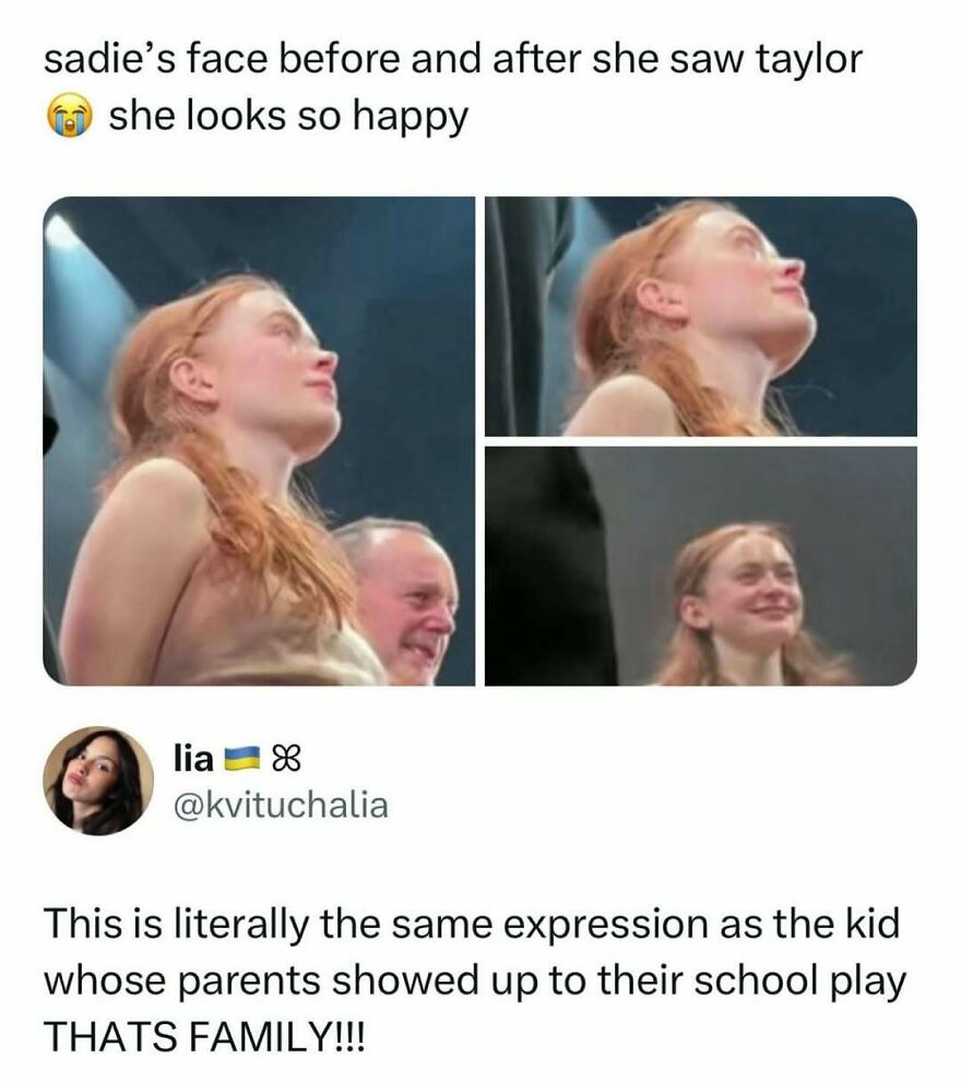 A collage showing Sadie Sink's joyful expressions, a funny pop culture post about seeing Taylor Swift.