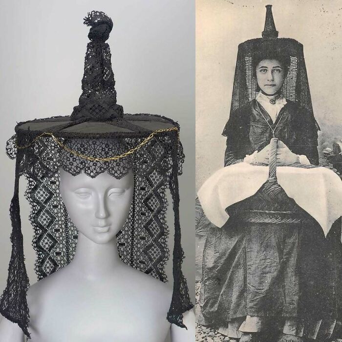 Black lace traditional historical headdress on mannequin with vintage photo side by side