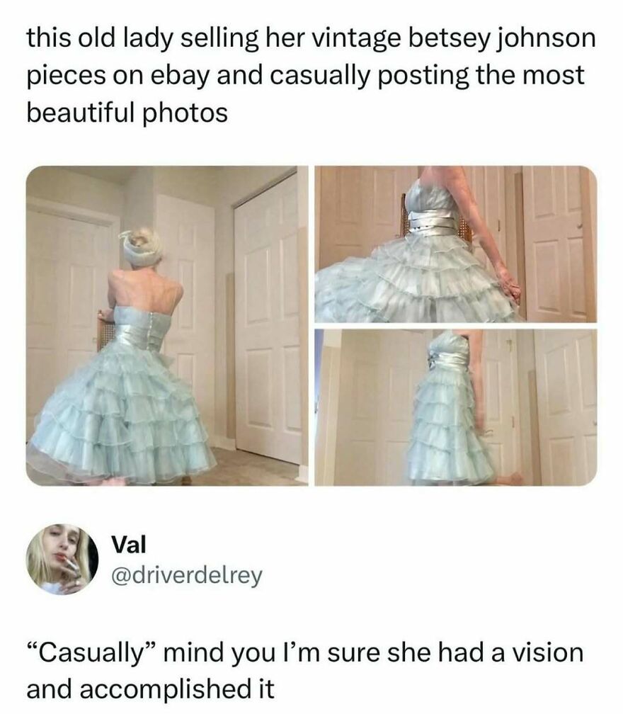Pop culture post featuring an old lady selling vintage Betsey Johnson pieces on eBay, showing her beautiful photos for good vibes.