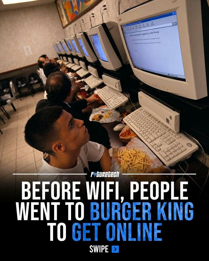 A retro image of future technology, showing people at Burger King on old computers to get online before WiFi existed.