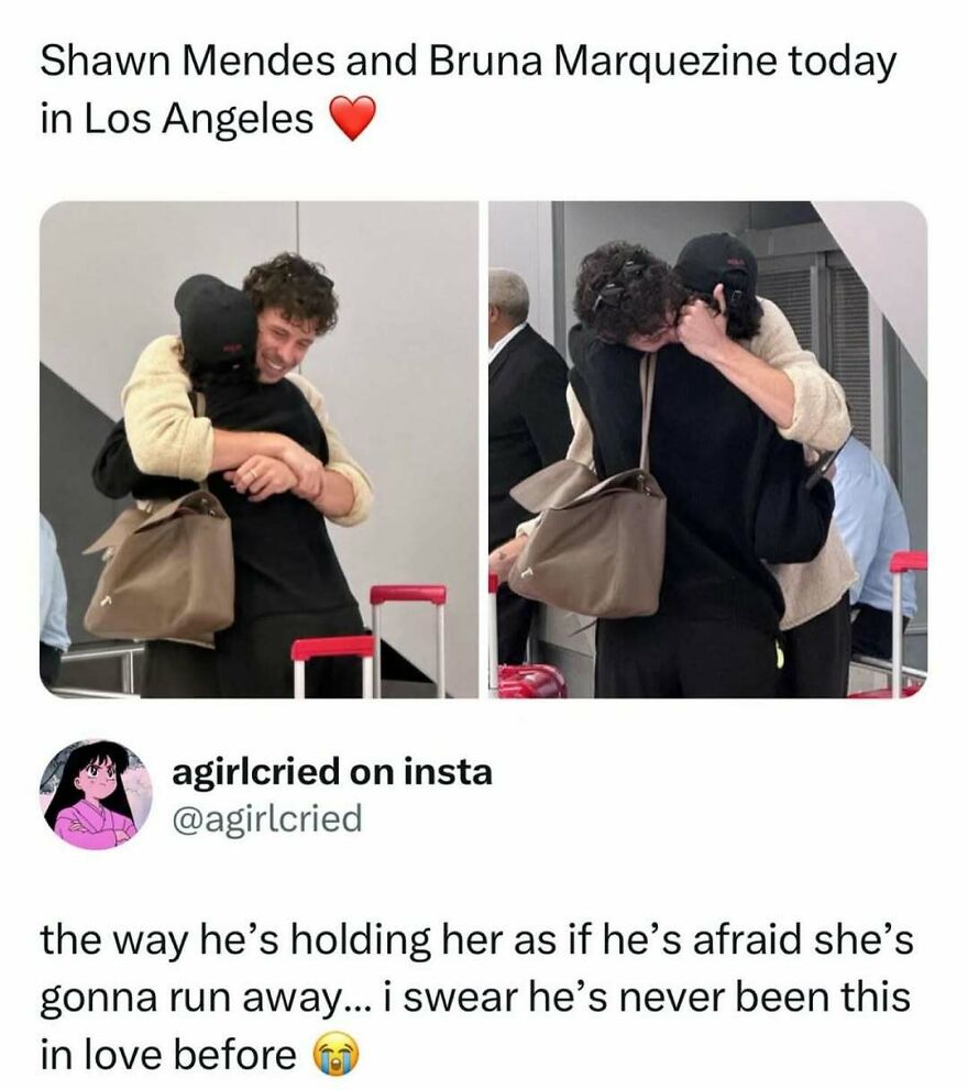 Pop culture post of Shawn Mendes and Bruna Marquezine hugging in Los Angeles, spreading good vibes with their embrace.