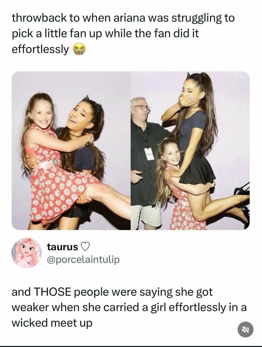 Pop culture post showing Ariana Grande struggling to pick up a fan, then effortlessly carrying a girl, for good vibes.