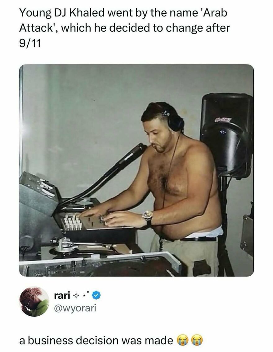 A young, shirtless DJ Khaled at a turntable, featured in funny pop culture posts.