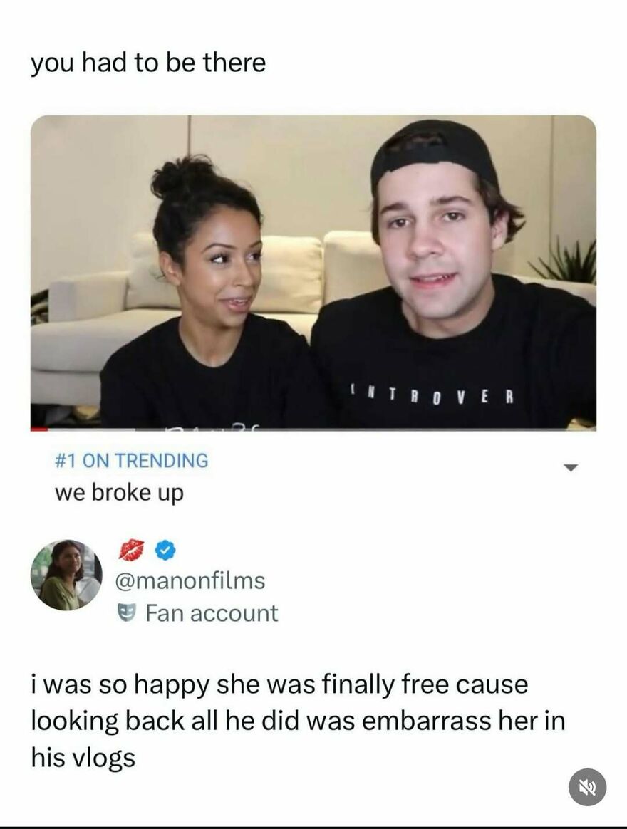 A social media post about pop culture featuring a couple who broke up, trending with good vibes.