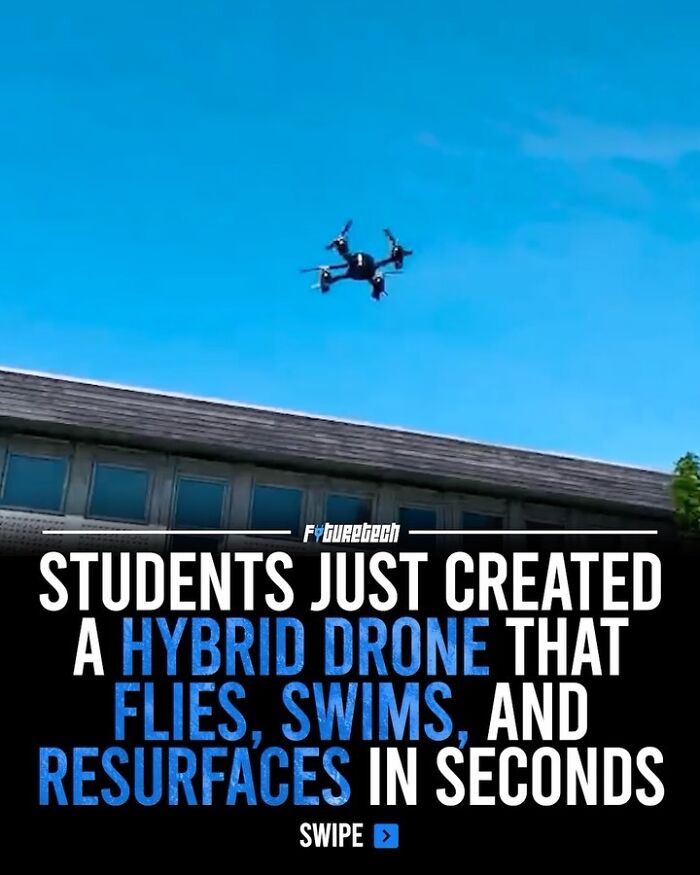 A hybrid drone flying in the sky above a building, showcasing future technology.