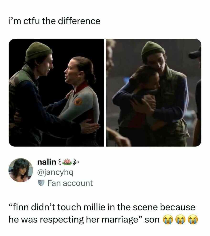Two images of actors on set, comparing a scene from a movie, among funny pop culture posts.