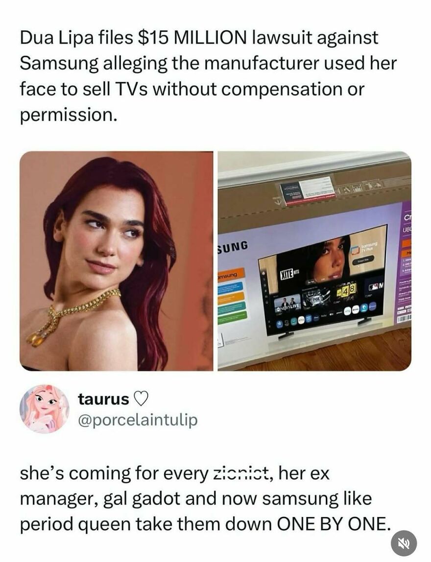 A split image shows Dua Lipa and a Samsung TV displaying her image, part of pop culture posts.