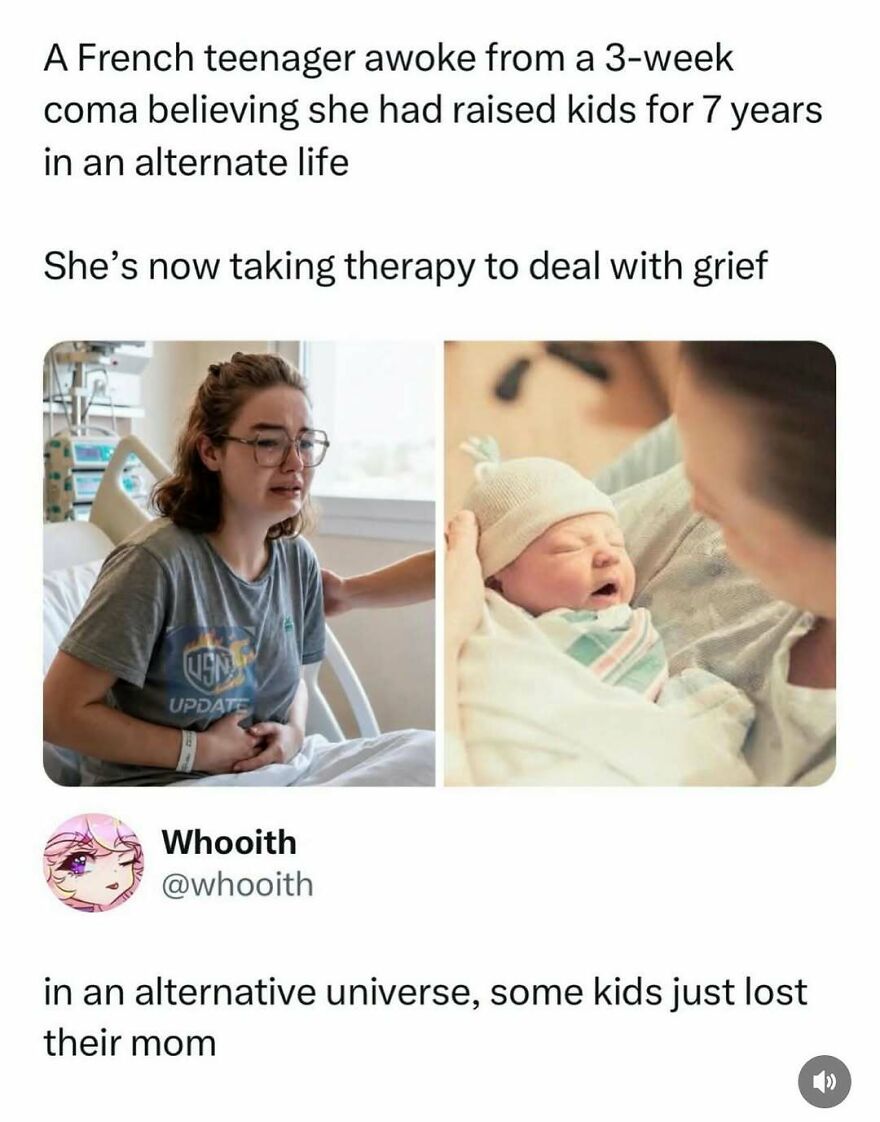 Funny pop culture post of a girl in a hospital and a baby, with text about a teenager waking from a coma.