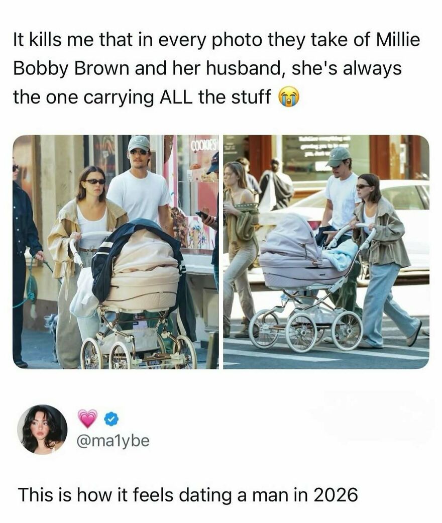 Funny pop culture post of Millie Bobby Brown carrying a baby stroller, with text about her always carrying things.
