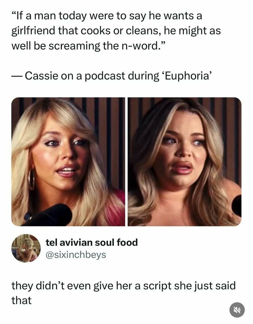 Funny pop culture post of a woman on a podcast, with text discussing controversial statements about relationships.