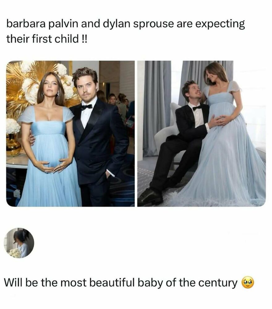 Funny pop culture post of Barbara Palvin and Dylan Sprouse expecting, with text about it being the most beautiful baby.