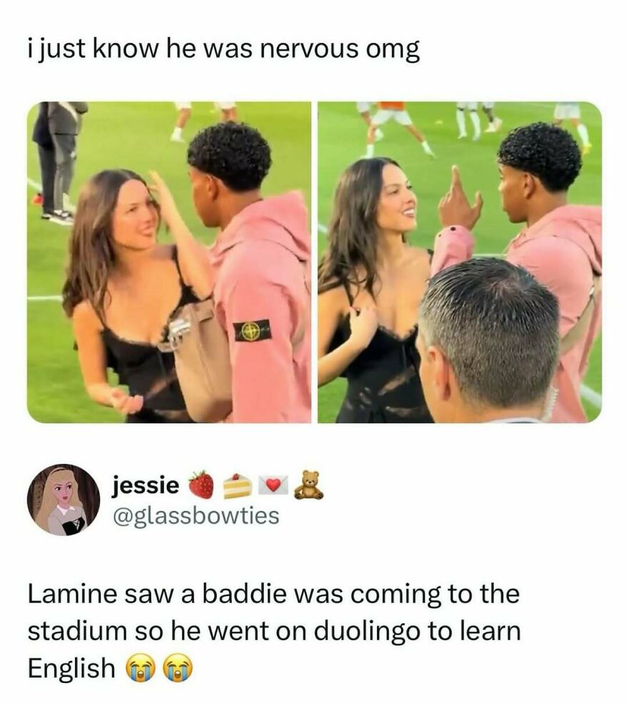 Funny pop culture post of a woman touching a man's face at a stadium, with text about him being nervous.