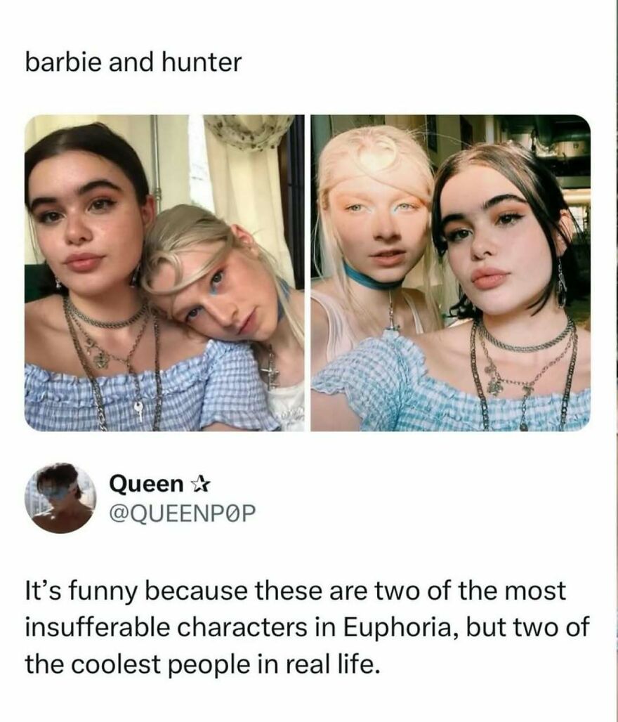 Funny pop culture post featuring Barbie and Hunter from Euphoria, shared for instant good vibes.