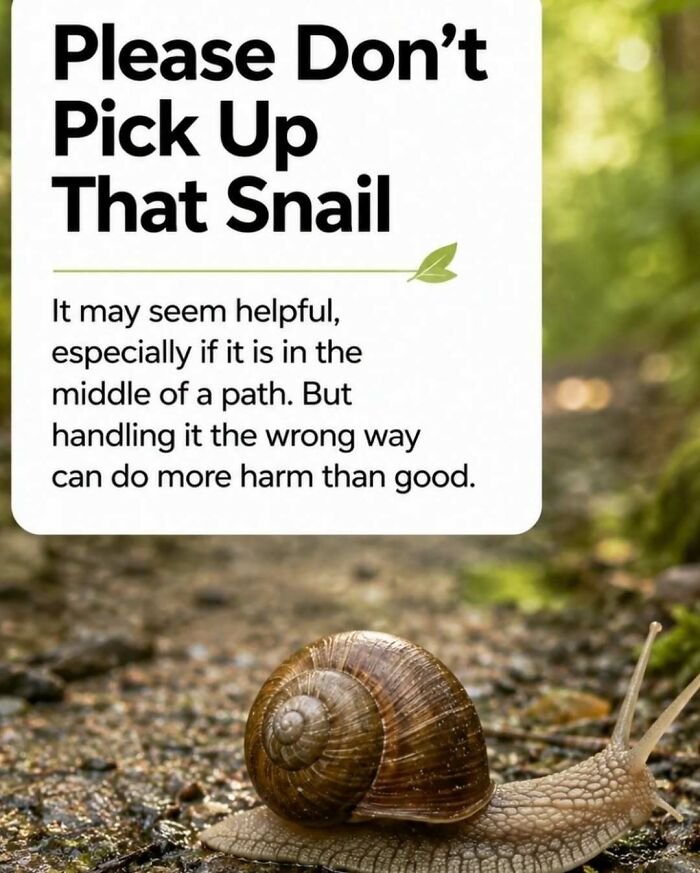 A close-up of a snail on a path, with text warning not to pick it up, sharing surprising facts about animals.