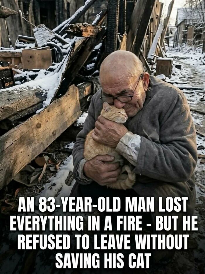 An elderly man hugging a cat in a snowy, destroyed area, illustrating surprising facts and stories about animals.