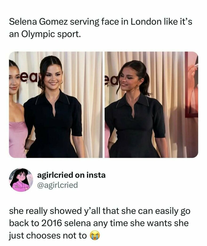 Funny pop culture post of Selena Gomez serving face in London, shared for instant good vibes.