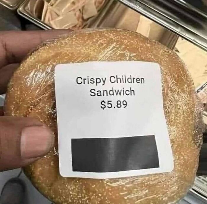 Sandwich labeled as crispy children sandwich with price tag